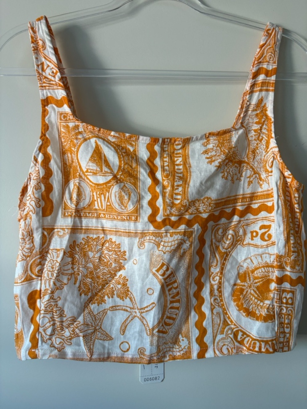 Nicole Miller White & Orange Printed Square-Neck Crop Top